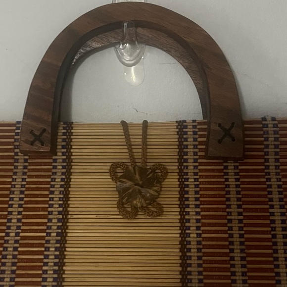 Vintage Collapsible Bamboo Handbag Slatted Double Wooden Handle Rectangle Purse - Picture 3 of 16